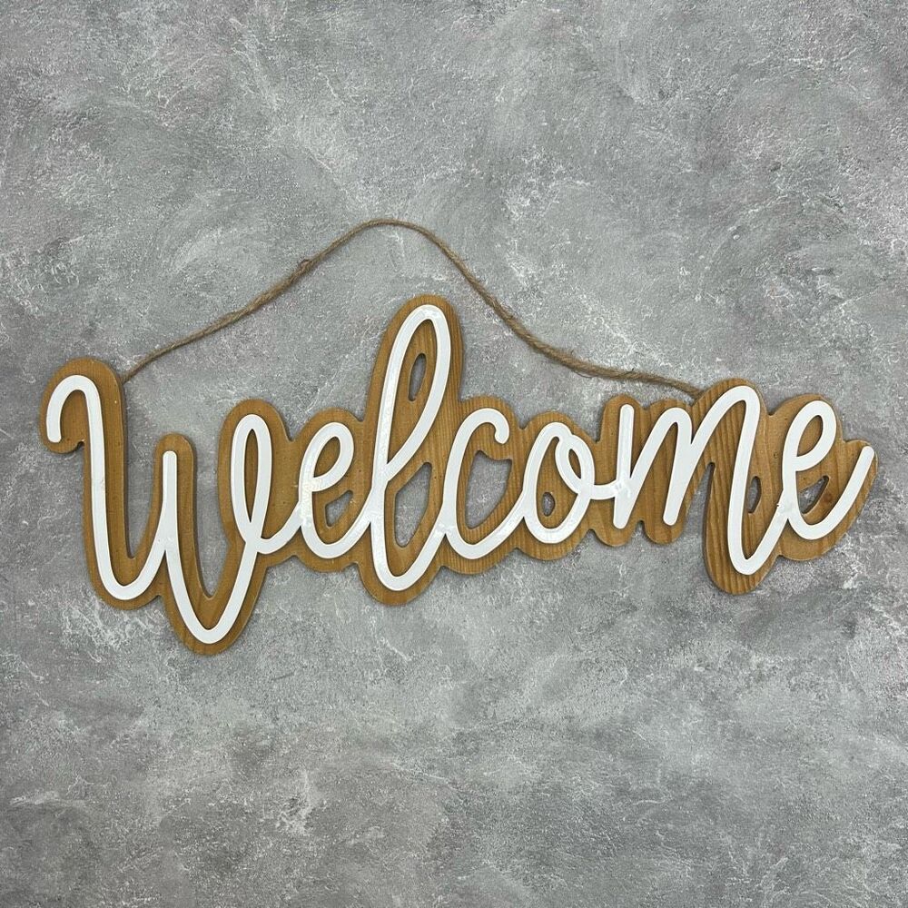 NWT Welcome Sign Front Door Wall Hanging Decor Minimalist White Brown